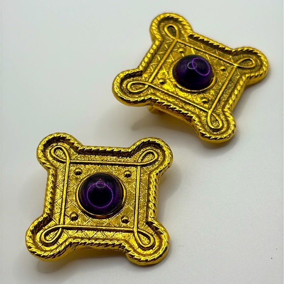 Vintage 90’s Florentine Gold & Purple Ornate Earrings Gripoix Clipons - Picture 6 of 6